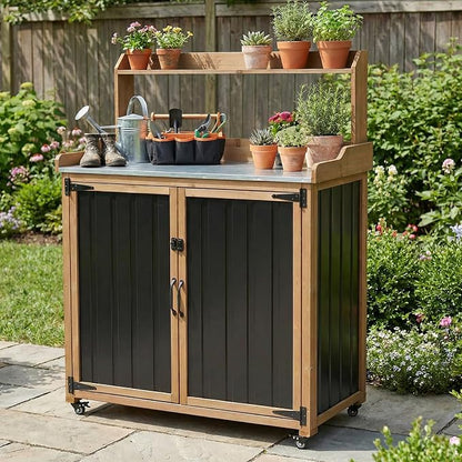 Outdoor Storage Cabinet with 4 Wheels and Handle, Metal & Wood Potting Bench by MAGAZOOPET