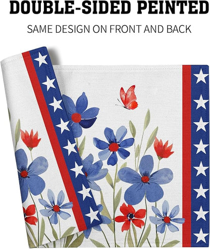 Giwawa 4th of July Placemats Set of 4 Watercolor Patriotic Flowers Stars Table Mats 12x18 Inch Independence Day Floral Heat Resistant Washable Linen Place Mat for Kitchen Dining Party Decor