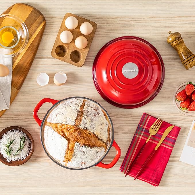 Velaze Enameled Cast Iron Dutch Oven for Bread Baking,5 QT Round Bread Oven Pot with Dome Lid for Sourdough, Roasting,Braising(Red)