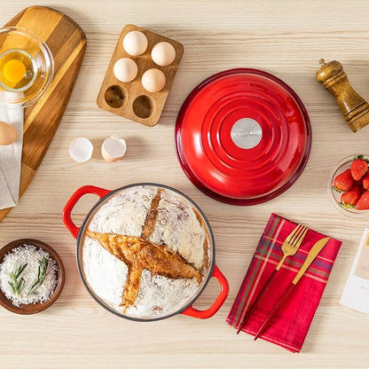 Velaze Enameled Cast Iron Dutch Oven for Bread Baking,5 QT Round Bread Oven Pot with Dome Lid for Sourdough, Roasting,Braising(Red)