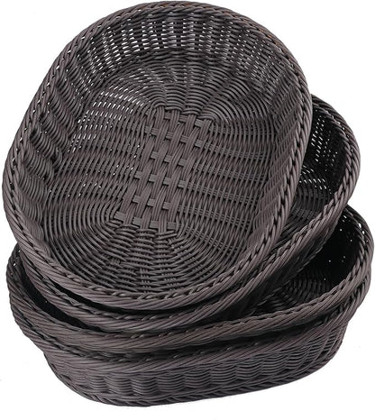 4 Pack 15.7 Inch Oval Poly Wicker Baskets, Plastic Oval Wicker Baskets, Rustic, Durable & Easy-Cleaning Wicker Bread Basket, for Home, Restaurant & Hotel Use, Coffee