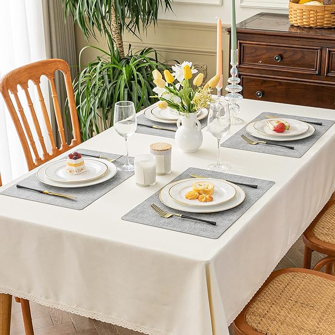 Romanstile Vinyl Placemats Set of 8-12 X 17 Inch - Heat Resistant Place Mats 100% Waterproof Oilproof Wipeable Reversible Faux Leather Table Mats for Kitchen, Dining, Party, Outdoor, Light Grey
