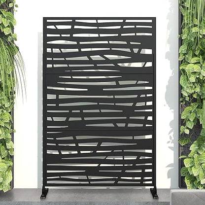 Casaphoria Metal Privacy Screen Outdoor, 72" H x 47" W Freestanding Decorative Privacy Screen for Patio Deck Balcony Garden with Stable Base, Black-Jungle