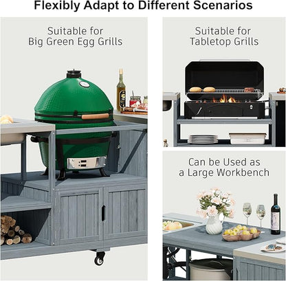 75.4" Outdoor Kitchen Grill Cart with Sink, Solid Fir Wood Island for XL Egg Grills, Rolling BBQ Bar Cart with Stainless Steel Top & Storage, Brown