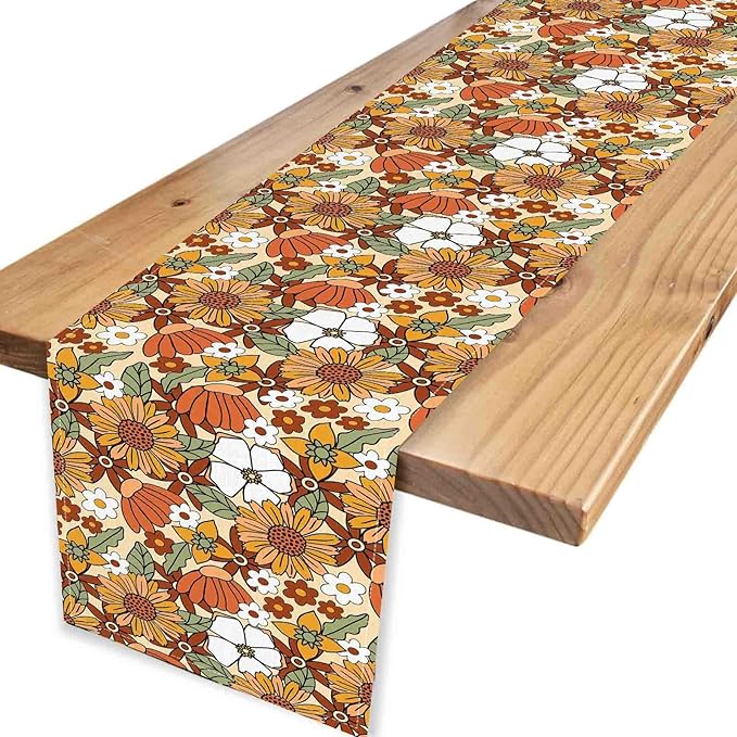 70s Floral Table Runner, Retro Groovy Hippie Oange Floral Funky Daisy Trippy Coffee Table Center Decor for Home Kitchen Dining Patio Holiday Party Indoor Outdoor Table Decorations, 13"x108" Inch