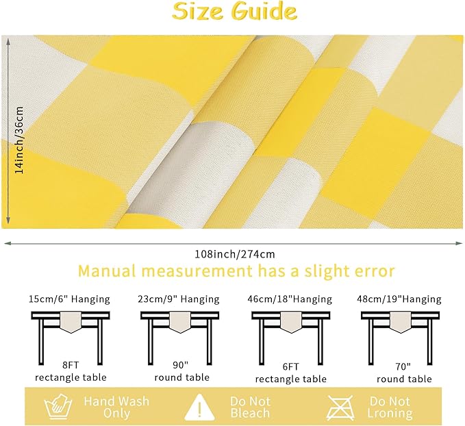 Fabric Checkered Table Runner 1 Pack Waterproof Gingham Table Runner 14W x 108L Buffalo Check Table Runners for Parties Kitchen Dining Wedding Banquet (Yellow and White)