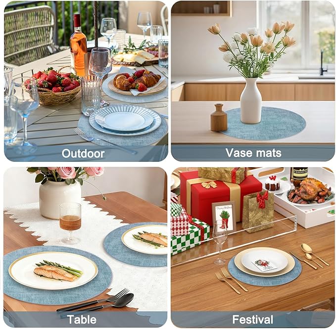 Round Faux Leather Placemats and Coasters, Set of 6, Reversible Heat Resistant Non-Slip Table Mats, Waterproof Wipeable Place Mats for Dining Table, Washable for Indoor & Outdoor (6, Blue)