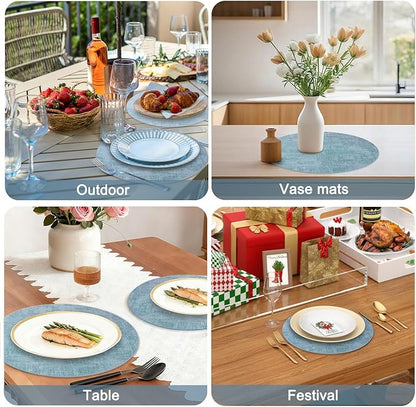 Round Faux Leather Placemats and Coasters, Set of 6, Reversible Heat Resistant Non-Slip Table Mats, Waterproof Wipeable Place Mats for Dining Table, Washable for Indoor & Outdoor (6, Blue)