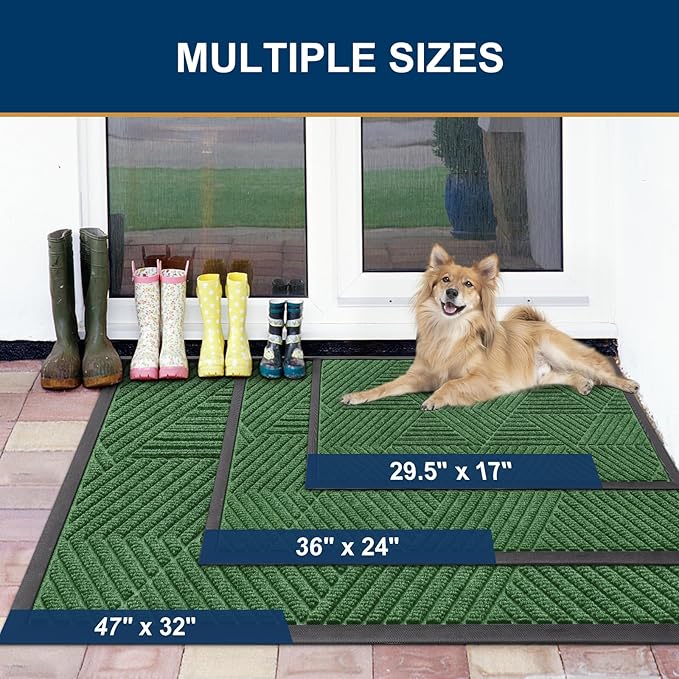 Smiry Front Door Mat Outside Entrance, Heavy Duty Sturdy Natural Rubber Doormat, Trap Dirt and Moisture, Easy Clean Low Profile Mats for Indoor Outdoor Entry, Irregular Triangle (59x24, Green)