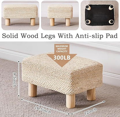 Wimarsbon Natural Seagrass Footstool Ottoman Rectangular Footrest Pouf Ottomans with Wooden Legs Hand Weave Step Stool for Living Room Bedroom Entryway Natural White