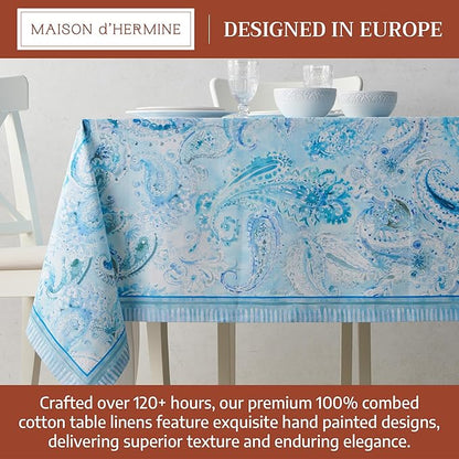 Maison d' Hermine Premium Table Cloth Rectangle Table 100% Combed Cotton 140 x 70 Inches Tablecloth Reusable Decorative for Dining Room, Farmhouse, Home, Party, Festive & Wedding - Paisley Blues