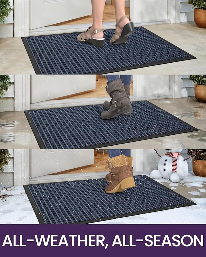 DEXI Front Door Mat Outside Entrance, 2x4 ft Rubber Entry Doormat Heavy Duty, Welcome Mats Non Slip for Inside House Floor Entryway Double Doors Exterior Patio, Squares Blue
