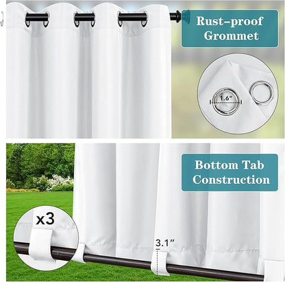 HolidayIdeas Outdoor Curtains for Patio Waterproof 6 Panels 54x95 Inch-Windproof Weatherproof Privacy White Curtains-Grommet Top and Tab Bottom Drape for Gazebo, Porch, Pergola, Cabana, Backyard