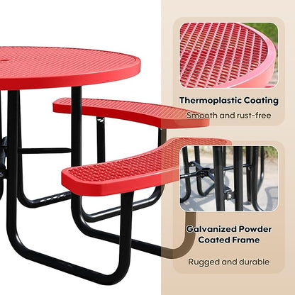 46'' Round Metal Picnic Table for Outdoors, Commercial Steel Metal Picnic Tables, Heavy Duty Sturdy Picnic Tables Furniture Set for Patio Garden Courtyard BBQ, with Umbrella Hole, Red