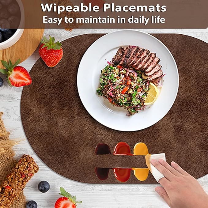 ADRIMER Placemats, Heat Resistant Oval Placemats Set of 4 Washable 12 x 17 Inch, Waterproof Table Mats, Wipeable Pu Place Mats for Kitchen, Dining Room, Brown