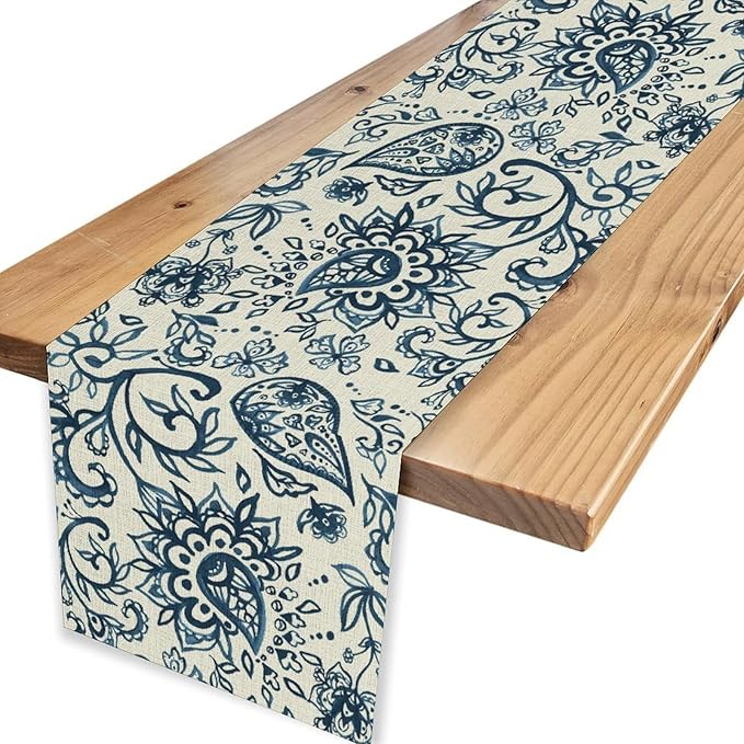 Blue Paisley Table Runner, Vintage Damask Antique Floral Flower Boho Damask Swirled Rustic Coffee Table Center Decor for Family Kitchen and Living Room Outdoor Table Decorations, 13"x72"