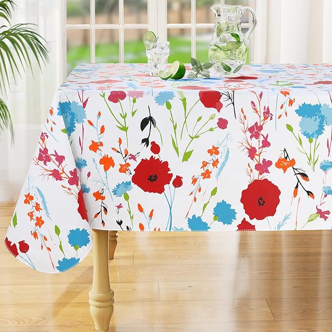 misaya Rectangle Waterproof Vinyl Table Cloth, Wipeable Tablecloth with Flannel Backing, Plastic Table Cover for Dinner, Picnic, Indoor and Outdoor (Flowers, 54" x 78")