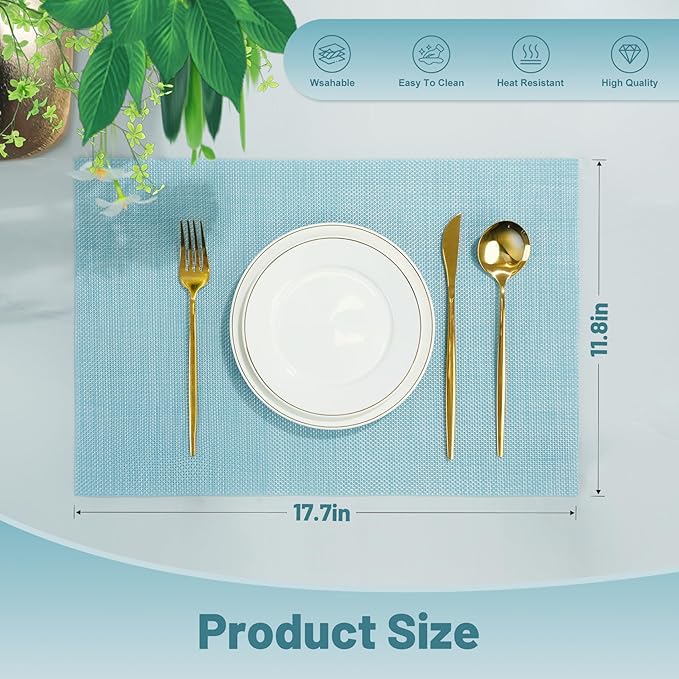 Placemats Set of 8，Non-Slip PVC Weave Table Mats Easy to Clean，Heat Resistant Place Mats for Kitchen Dining Table Decoration Indoor Outdoor，Blue