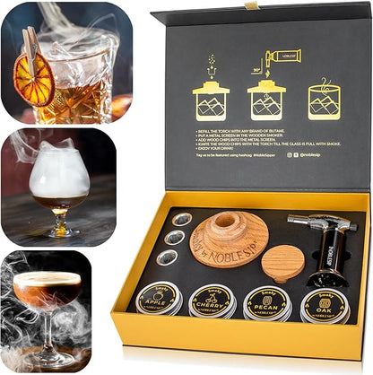 NOBLESIP® Whiskey Bourbon Smoker Kit 𝗣𝗥𝗘𝗠𝗜𝗨𝗠 Smoky bar Set. Made from Natural American Oak Wood. Easily Make The Legendary Smoked Cocktails and Old fashioneds at Home. New Year Home bar Gift!