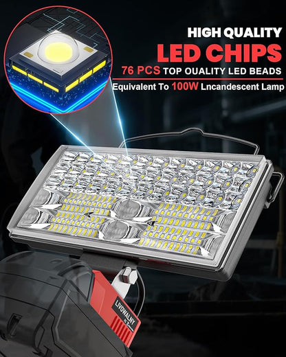 LIVOWALNY 7'' 100W LED Work Light Compatible with Milwaukee Battery, 2PCS 10000LM Portable Flashlight with USB & Type-C Output Port, Low Voltage Protection Flood Light for Camping Emergency Car Repair