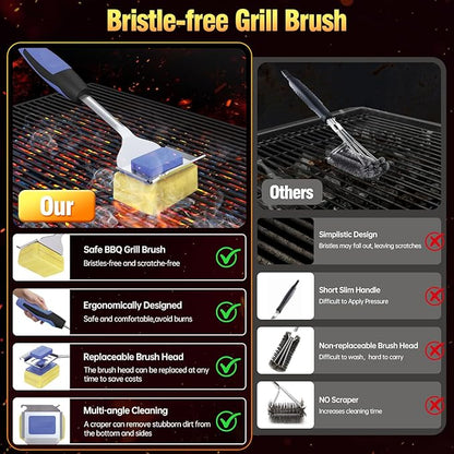 Grill Cleaning Brush Bristle Free for Outdoor Grill Brush Extended Handle for Cast Iron Stainless-Steel Grates, Replaceable BBQ Cleaner Brush Head, Steam Safe Grill Brush with Scraper, Purple
