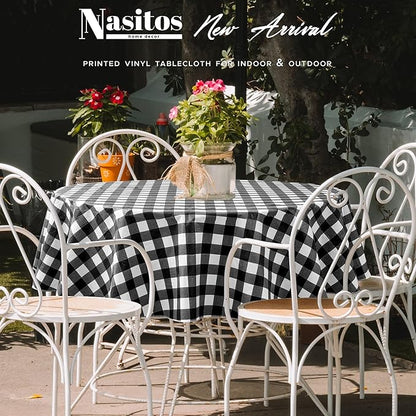Nasitos 2 Pack Checkered Round Tablecloth 60 Inch-Waterproof Oil & Spill Proof Washable Wipeable Table Cloth, Black and White Plastic Table Cover Flannel Backed for Dining, Party, Outdoor, Picnic