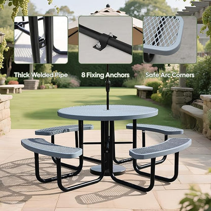 46'' Round Metal Picnic Table for Outdoors, Commercial Steel Metal Picnic Tables, Heavy Duty Sturdy Picnic Tables Furniture Set for Patio Garden Courtyard BBQ, with Umbrella Hole, Grey