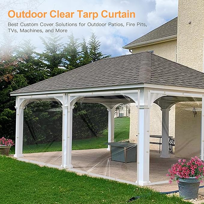 8 x 8FT Outdoor Clear Tarp Curtain Waterproof Wind-Proof 24 Mil Transparent Vinyl Tarp for Patio Pergola Garden Canopy Rainproof Anti-Tear PVC Thick Cover with Grommets
