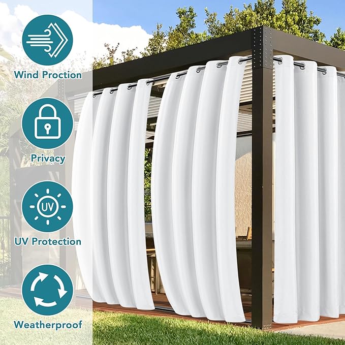 HolidayIdeas Outdoor Curtains for Patio Waterproof 4 Panels 54x95 Inch-Windproof Weatherproof Privacy White Curtains-Grommet Top and Tab Bottom Drape for Gazebo, Porch, Pergola, Cabana, Backyard