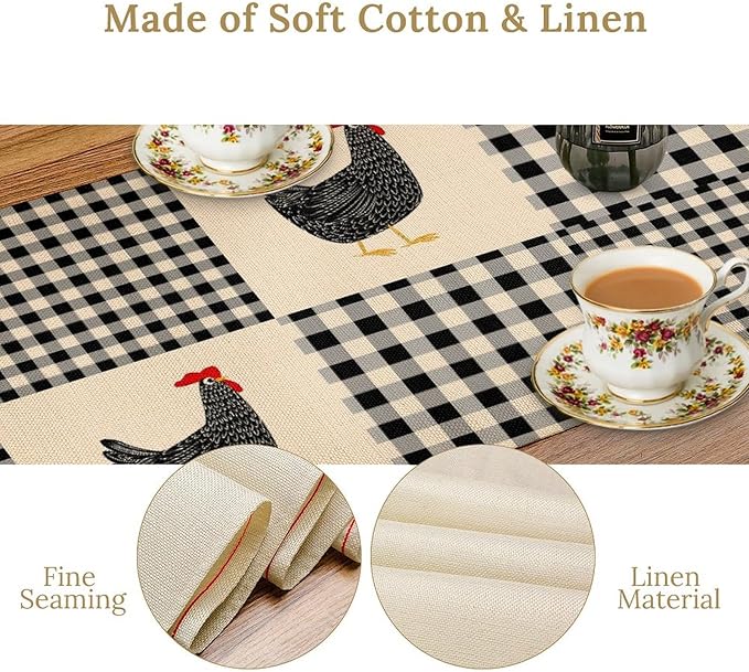 Farm Animal Table Runner, Chicken Hen Black White Buffalo Plaid Check Farmhouse Chick Table Runner for Home Kitchen Holiday Dining Party 13x120in