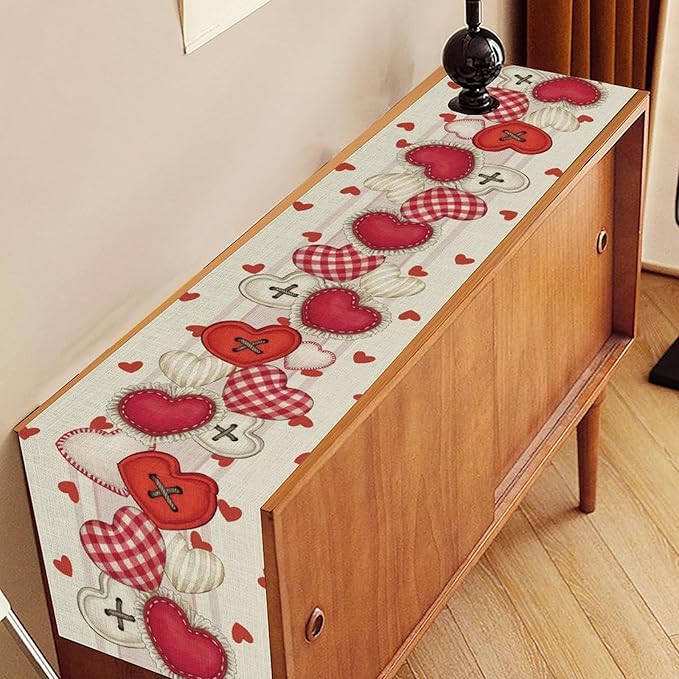 Valentines Day Table Runner,Rustic Red Heart Buttons Runner for Table Seasonal Romantic Decor for Indoor Outdoor Dining Table Decorations, 13"x72"