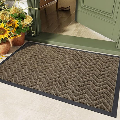 DEXI Front Door Mat Outside Entrance, 17x29 Rubber Entry Doormat Heavy Duty, Welcome Mats Non Slip for Inside House Floor Entryway Back Doors Exterior Patio, Chevron Brown