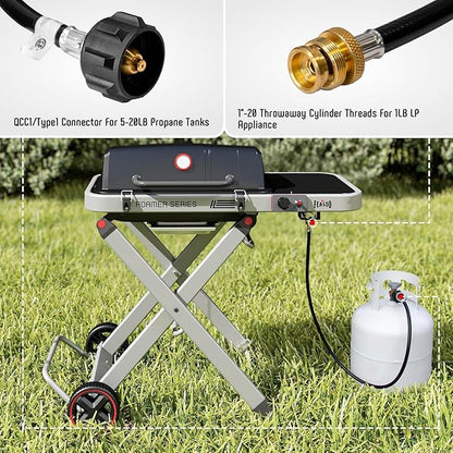 Portable Propane Gas Grill with Folding Cart & 13000 BTUs Burner, 360 Sq. In. Cast Iron Cooking Grates, Side Table, 8" Wheels, Stainless Grease Tray, Black Includes Propane Adapter Hose.