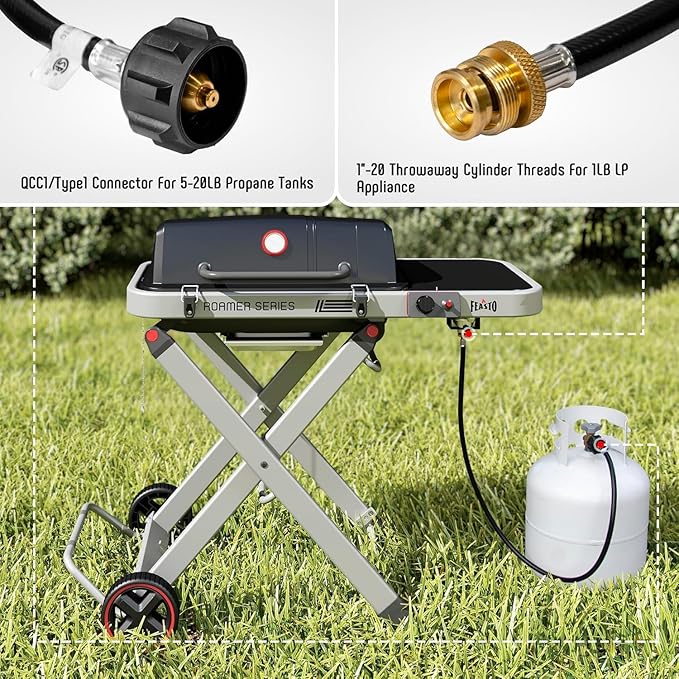 Portable Propane Gas Grill with Folding Cart & 13000 BTUs Burner, 360 Sq. In. Cast Iron Cooking Grates, Side Table, 8" Wheels, Stainless Grease Tray, Grey. Includes Propane Adapter Hose