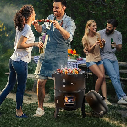 3-in-1 Vertical Charcoal Smoker Grill - Heavy Duty Portable Outdoor BBQ with Smoking Function, Built-in Thermometer, Air Vent & 2 Access Doors for Backyard Parties, Camping