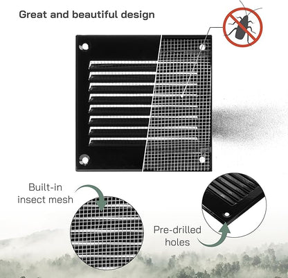 Vent Systems 4'' x 4'' Inch (Overall Dimensions) Pack of 5 - Black - Air Vent Cover Metal Air Return Grill with Built in Pest Guard Screen HVAC Vent Duct Cover for Home Improvement