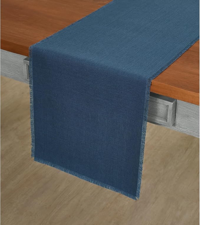 Solino Home Linen Vintage Blue Table Runner 90 Inches Long - Fringe, 100% Pure Linen Dining Table Runner 14 x 90 Inch for Winter, Spring, Easter