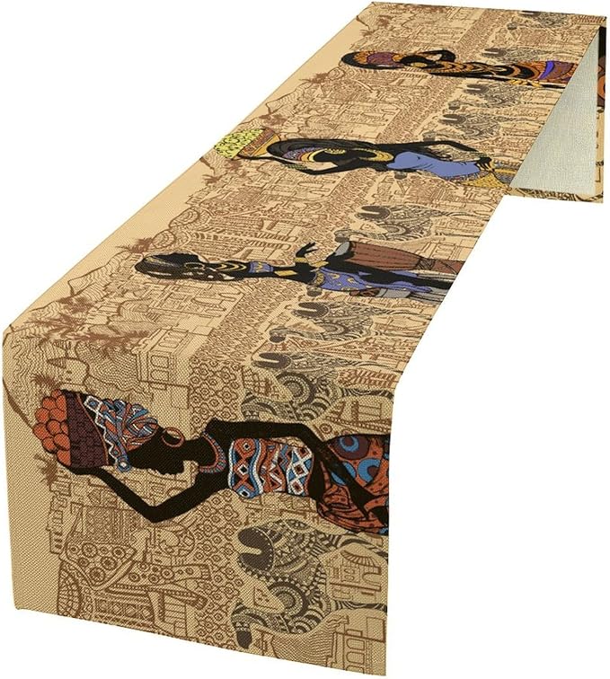 African Black Woman Table Runners, American Art Ethnic Tribe Elephant Table Runners for Wedding Party Banquet Dinner Kitchen Coffee 13x90in