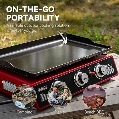 Royal Gourmet PD1301R 3 Burner Tabletop Propane Gas Griddle with Cover, 24 Inch Portable Griddle with 25,500 BTUs Output for Outdoor Cooking While Camping or Tailgating, Red