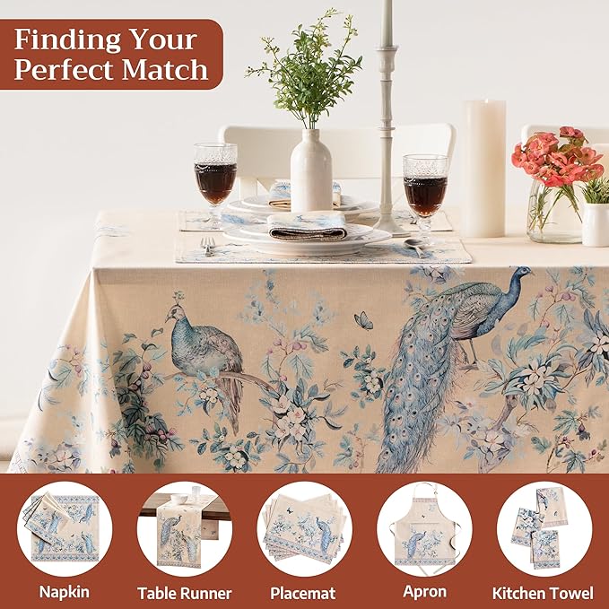 Maison d' Hermine Premium Table Cloth Rectangle Table 100% Combed Cotton 108 x 70 Inches Tablecloth Reusable Decorative for Dining Room, Home, Party, Festive & Wedding - Peacock Utopia - Sandy Beach