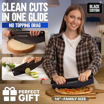 KitchenStar 14-Inch Pizza Cutter Rocker Blade - Sharp Stainless Steel Slicer Knife, Protective Cover, Black Nonstick, Large - Professional Pizza Oven Accessories