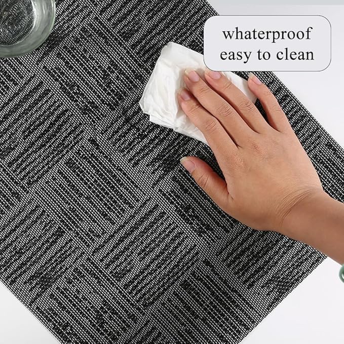 Placemats Set of 6, Plastic Vinyl 18" x 12" Place Mats for Dinner Table, No-Slip Wipeable Table Mats Daily Use Patio Kitchen Decoration (White Mix Black)