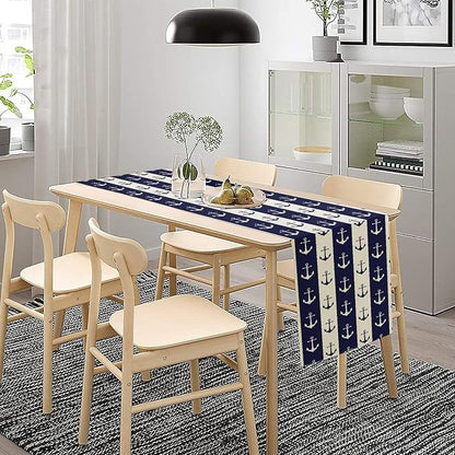 Nautical Anchor Table Runner, Ocean Beach Coastal Beach Stripe Background Theme Table Runner for Dining Kitchen Party Holidays Home 13x120in