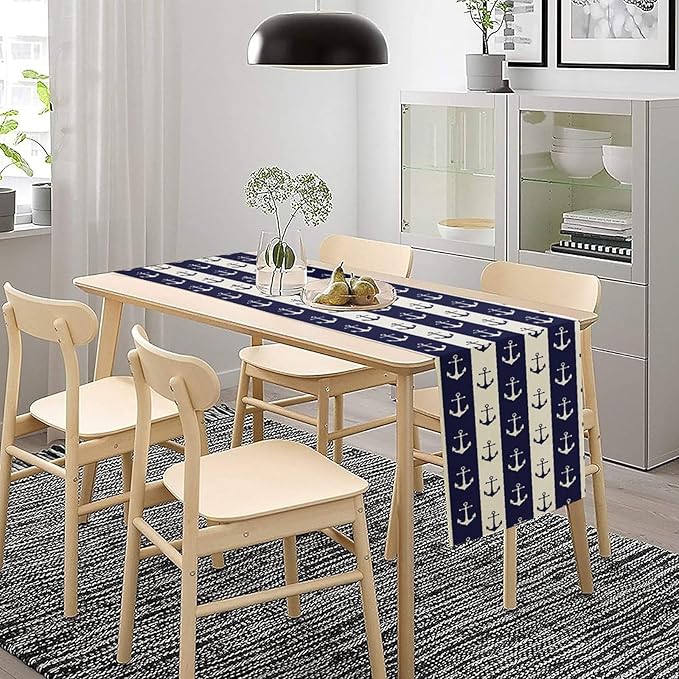 Nautical Anchor Table Runner, Ocean Beach Coastal Beach Stripe Background Theme Table Runner for Dining Kitchen Party Holidays Home 13x60in