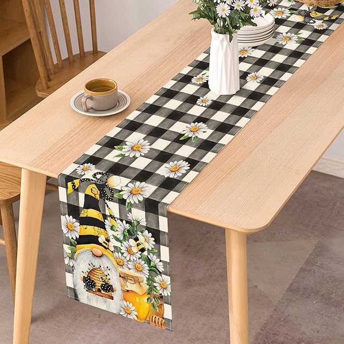 Seliem Spring Bee Gnome Table Runner, Honey Black White Buffalo Plaid Check Home Kitchen Dining Decor, Summer Seasonal Farmhouse Daisy Decorations Indoor Outdoor Anniversary Party Supply 13 x 48 Inch