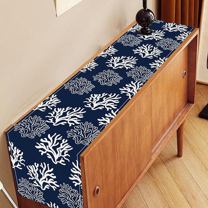 Coastal Table Runner, Summer Seasonal Beach Navy Blue Coral Nautical Tropical Ocean Marine Farmhouse Rustic Table Center Decor for Home Kitchen Dining Patio Indoor Outdoor Decorations, 13"x108" Inch