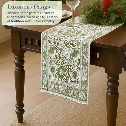 CPC Cotton Table Runner 16x72 Inch Block Printed Long Fall Table Runner for Dining Table, Card Table, Coffee Table, Wedding, Farmhouse & Outdoor Barbeque-Agate Green