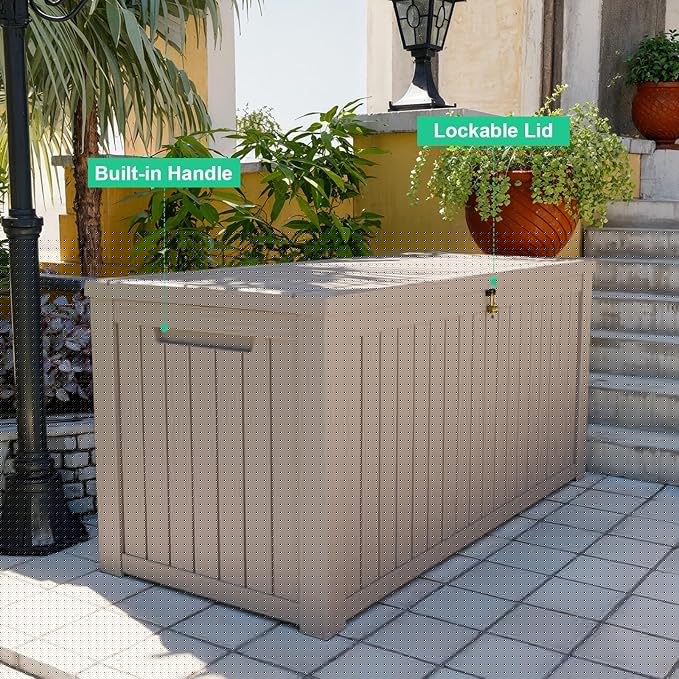 200 Gallon Large Deck Box,Resin Outdoor Storage Box with Lockable for Patio Furniture, Garden Tools Waterproof Outside Storage Box, Grey