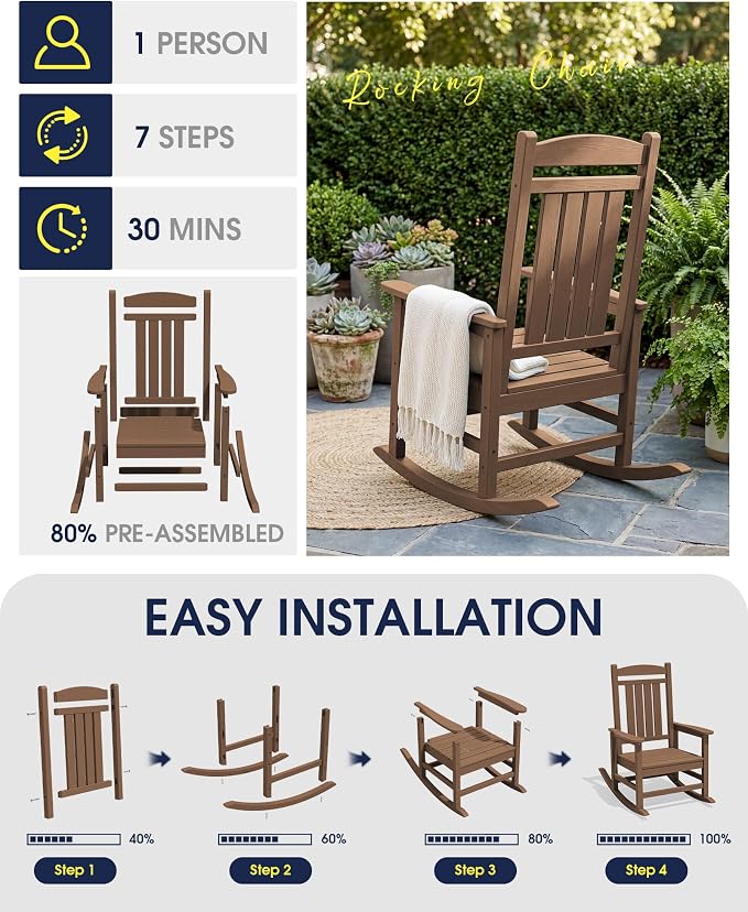 Oversized Outdoor Rocking Chairs Set of 4, HDPE Porch Rocker - Image 7