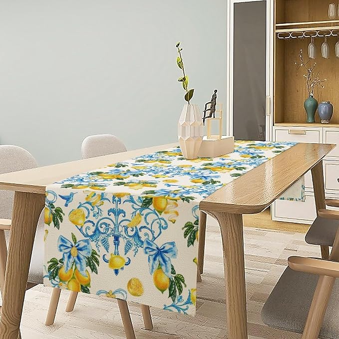 Lemon Table Runner, Summer Hummingbirds Flower Bows Print Table Runner for Farmhouse Coffee Home Kitchen Dining Outdoor Party 13x70in